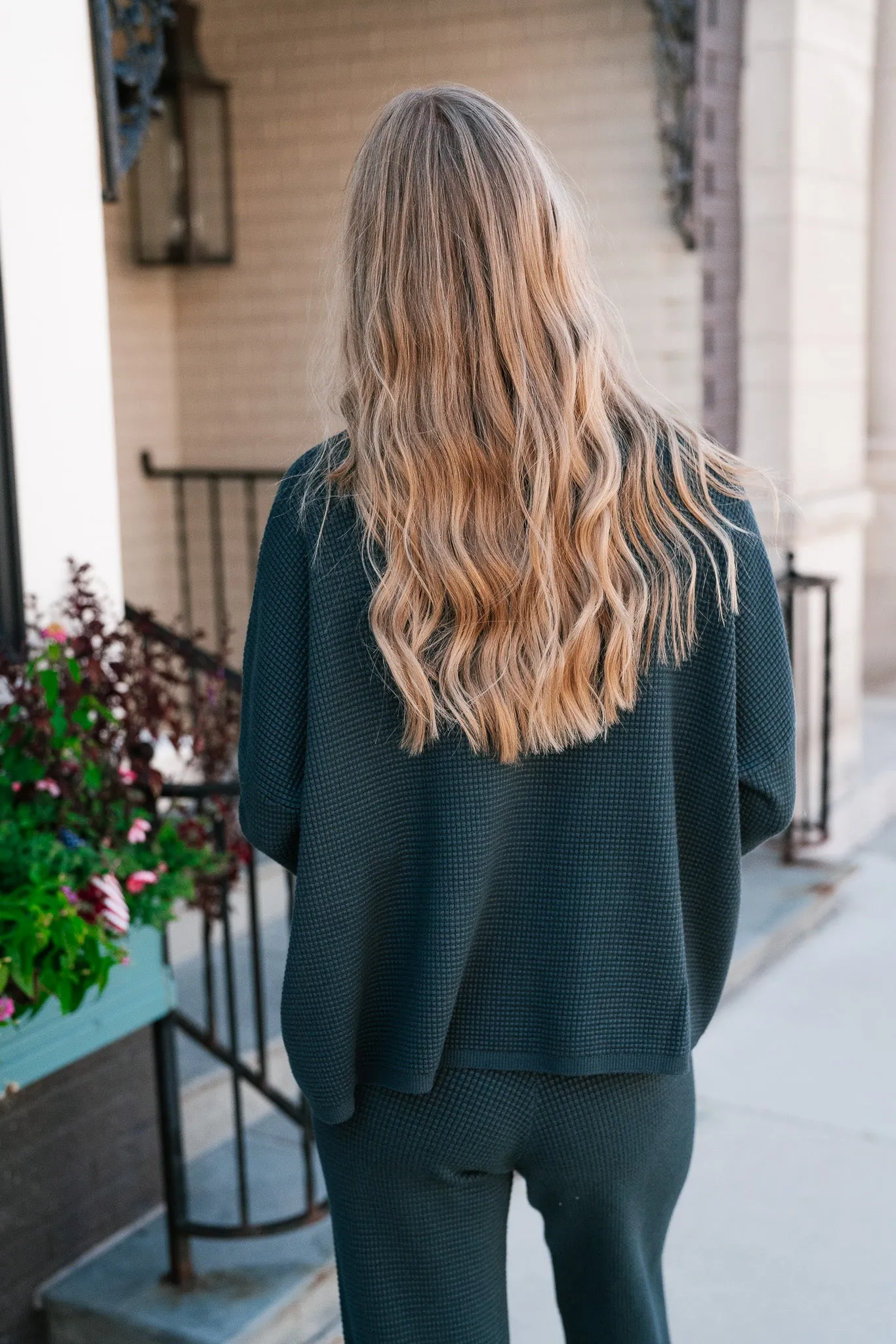Comfy Girl Era Waffle Knit Sweater - Pine Green