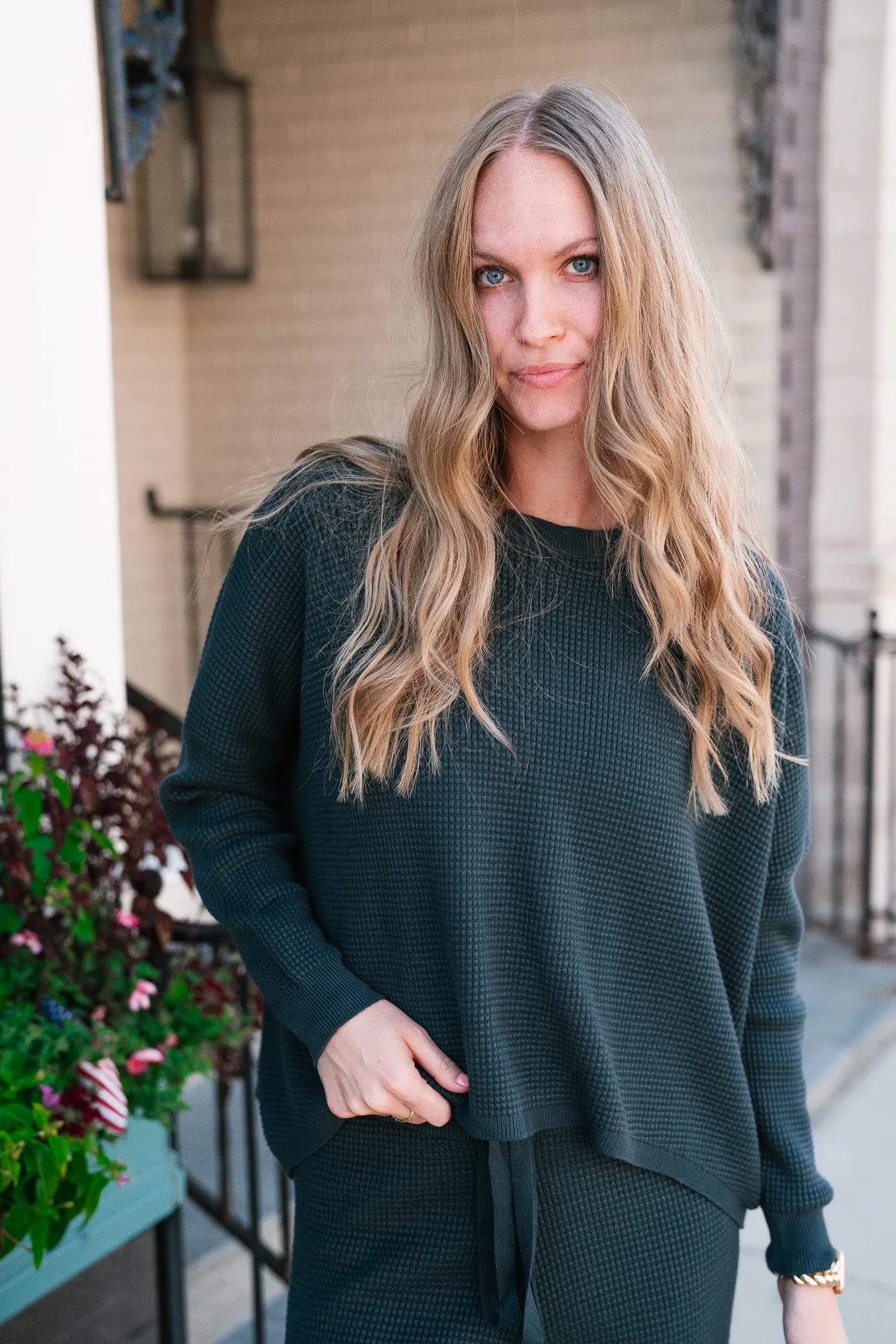 Comfy Girl Era Waffle Knit Sweater - Pine Green