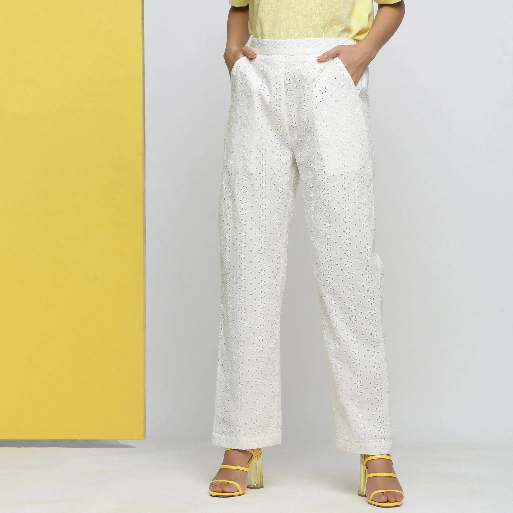 Cotton Schiffli White Elasticated Mid-Rise Pant