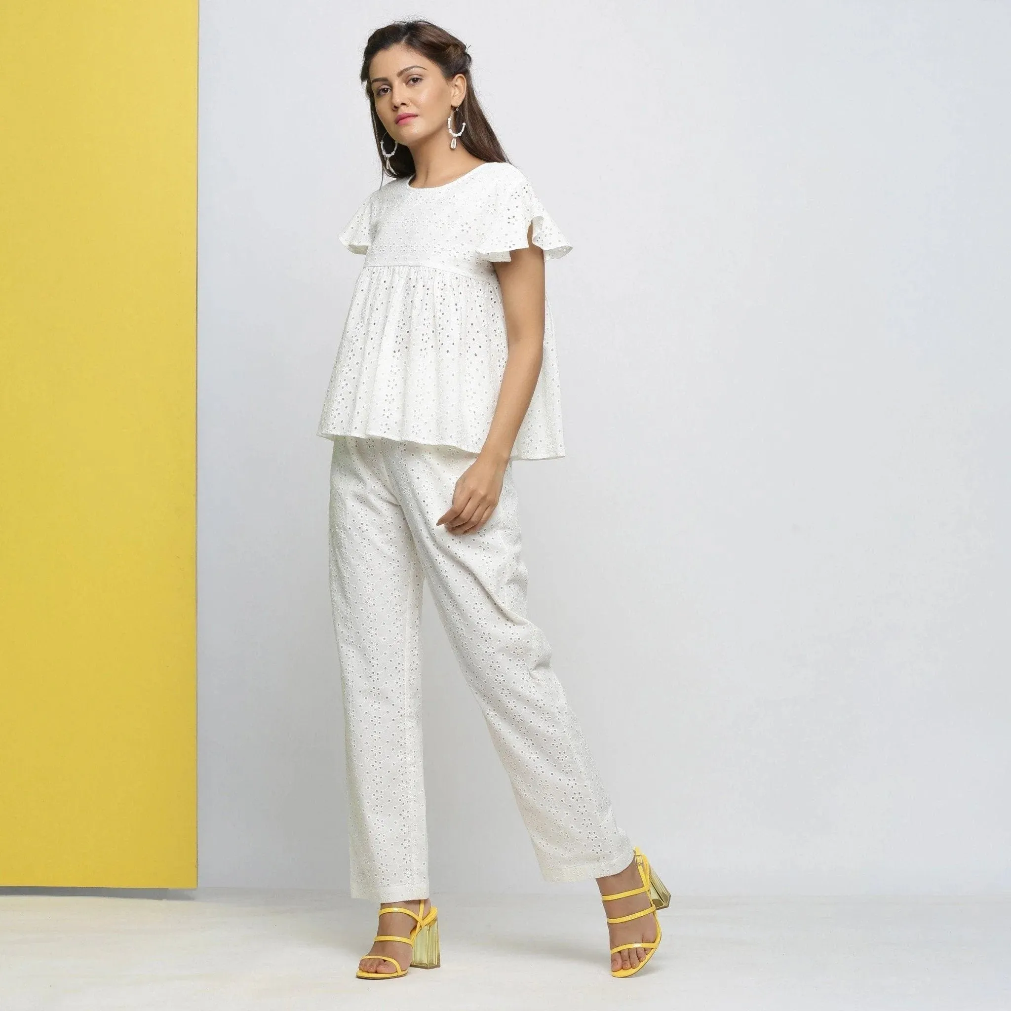 Cotton Schiffli White Elasticated Mid-Rise Pant