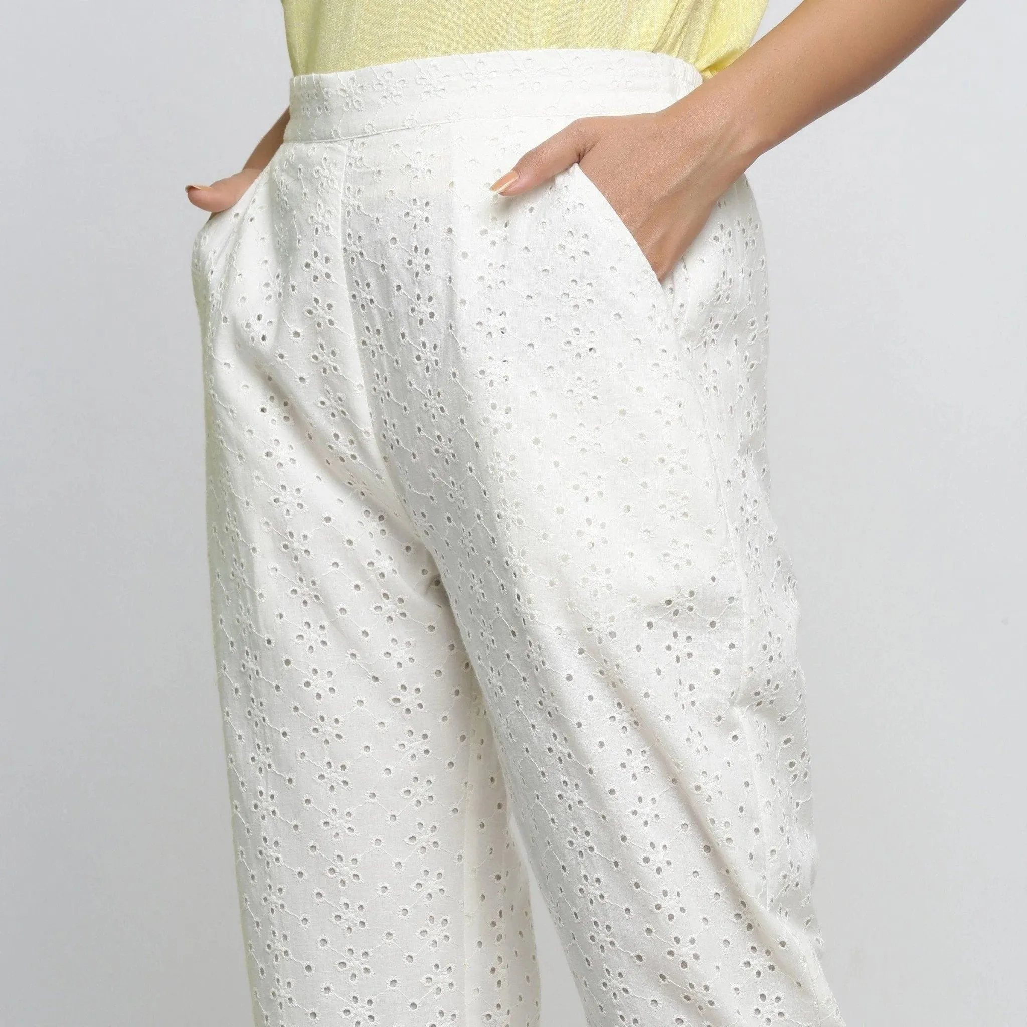 Cotton Schiffli White Elasticated Mid-Rise Pant