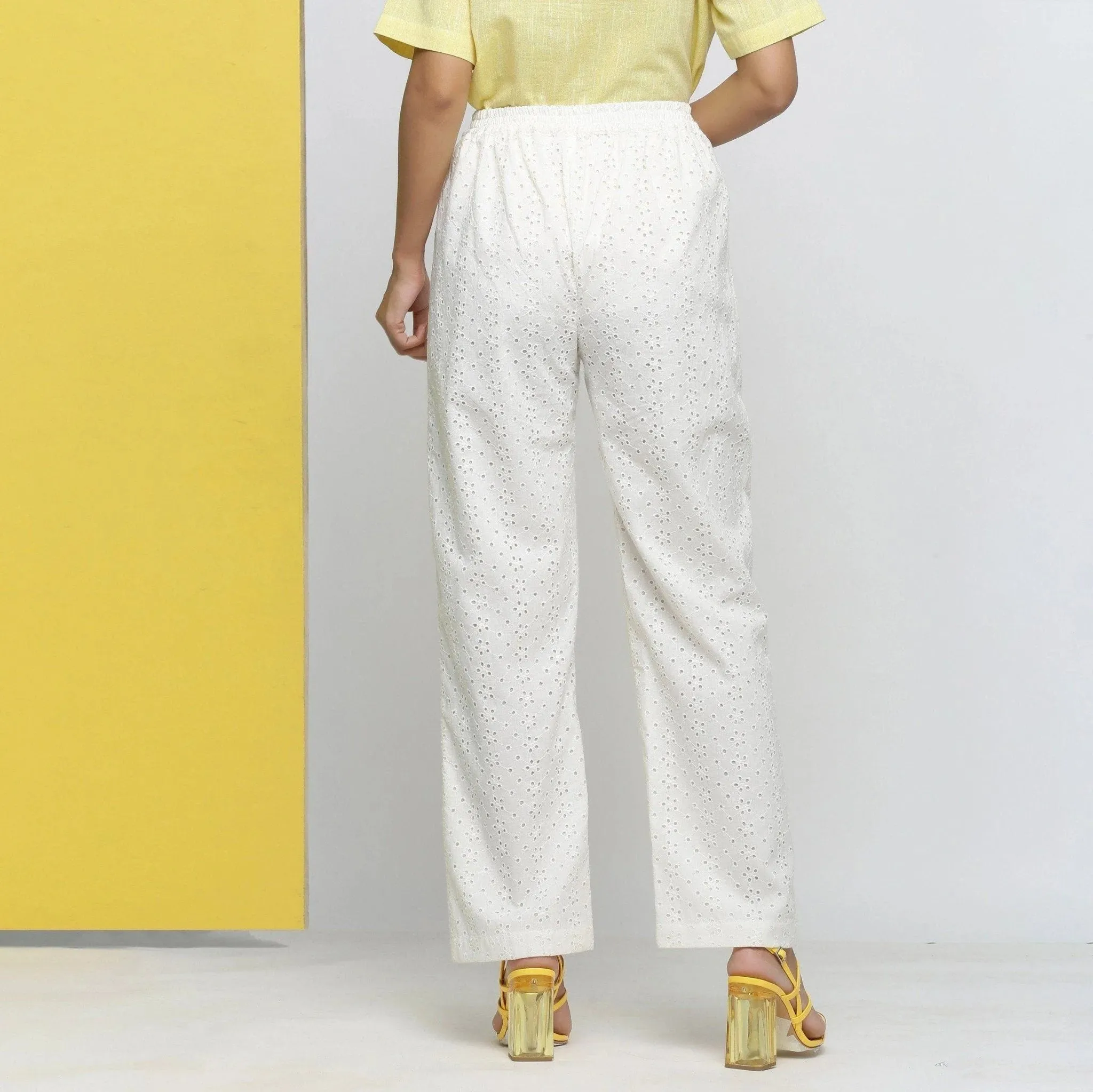 Cotton Schiffli White Elasticated Mid-Rise Pant