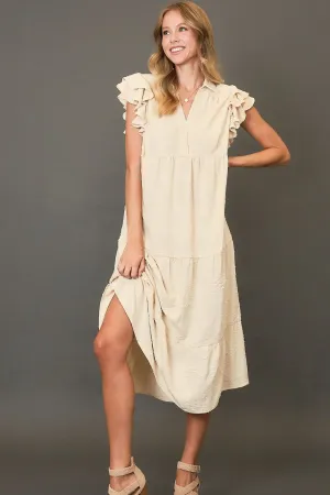 Cream Floral Burnout Ruffle Sleeve Midi Dress