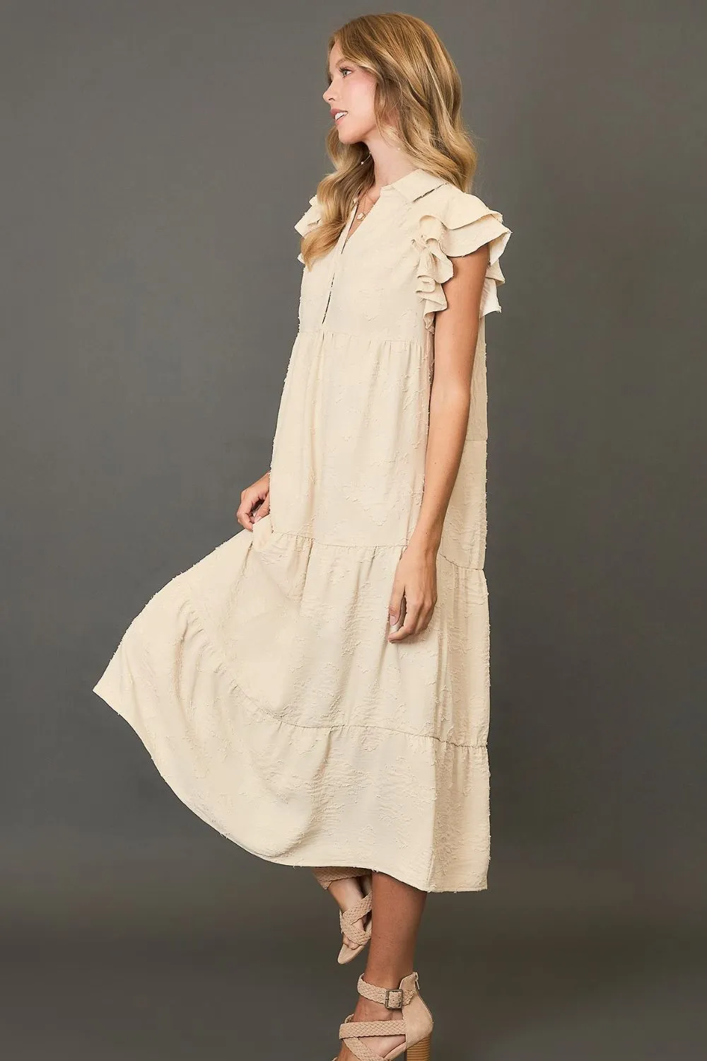 Cream Floral Burnout Ruffle Sleeve Midi Dress