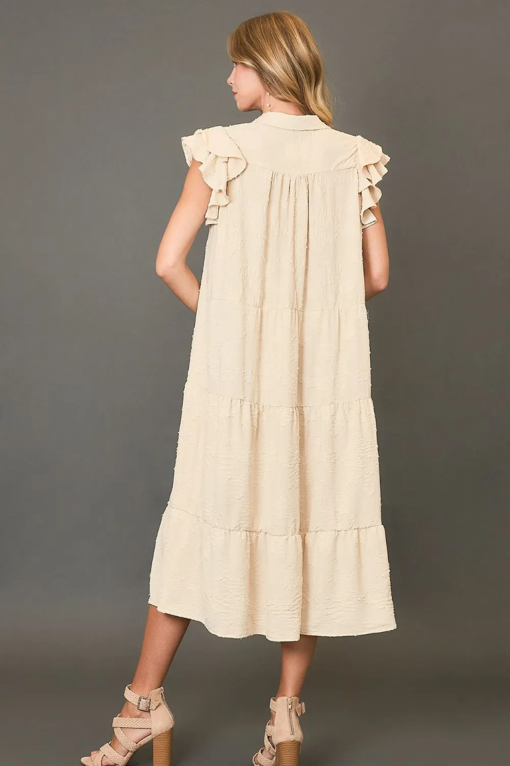 Cream Floral Burnout Ruffle Sleeve Midi Dress
