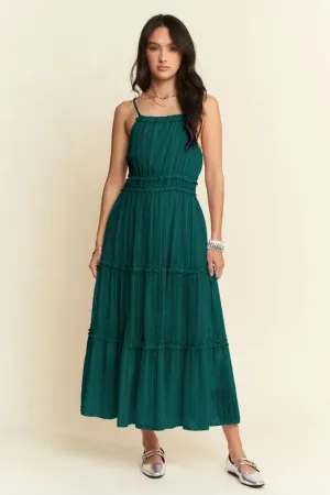 Dark Green Swiss Dot Tiered Midi Dress – Spaghetti Strap Summer Style