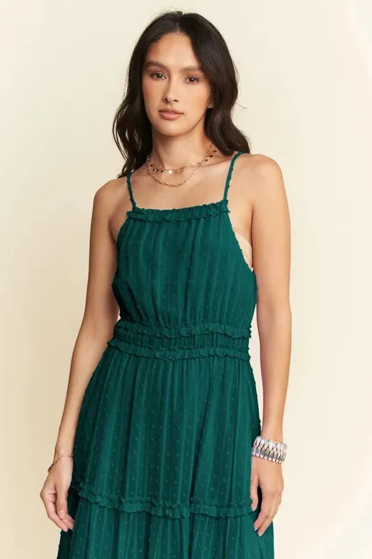 Dark Green Swiss Dot Tiered Midi Dress – Spaghetti Strap Summer Style