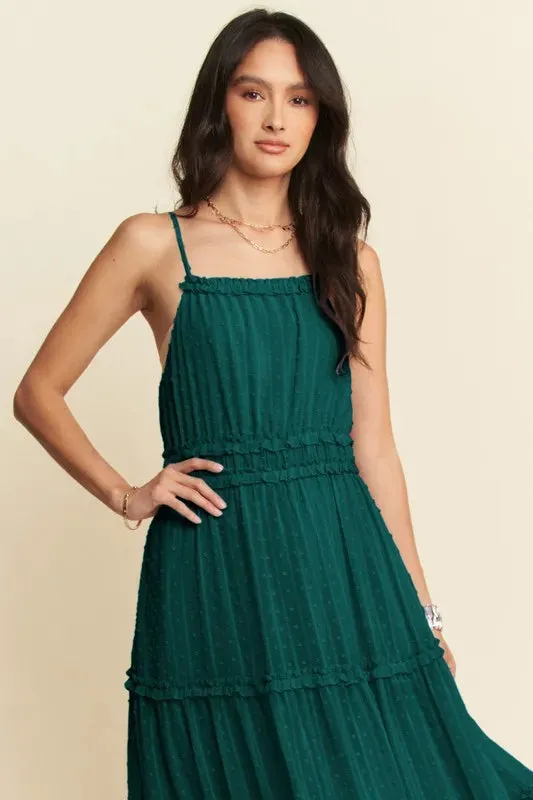 Dark Green Swiss Dot Tiered Midi Dress – Spaghetti Strap Summer Style