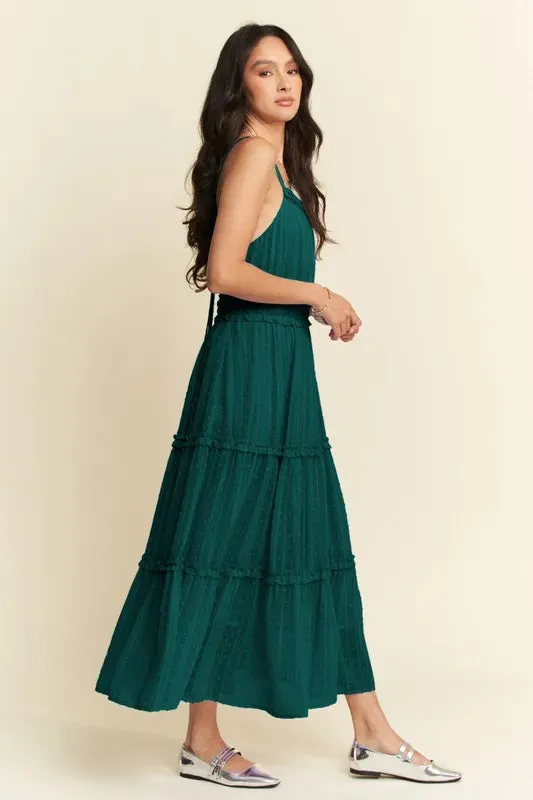 Dark Green Swiss Dot Tiered Midi Dress – Spaghetti Strap Summer Style