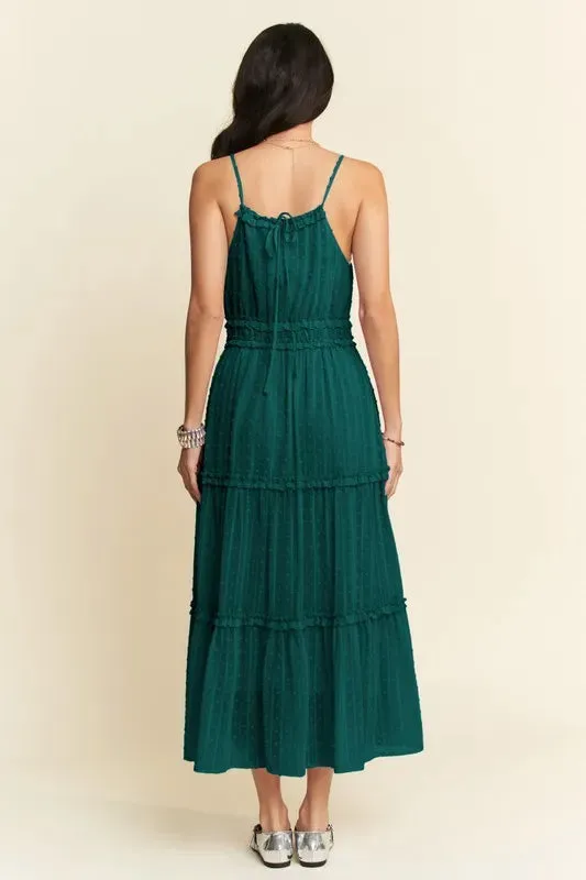 Dark Green Swiss Dot Tiered Midi Dress – Spaghetti Strap Summer Style