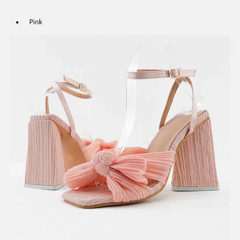Elegant Satin 4.1" High Heel Sandals Bow Square Heel