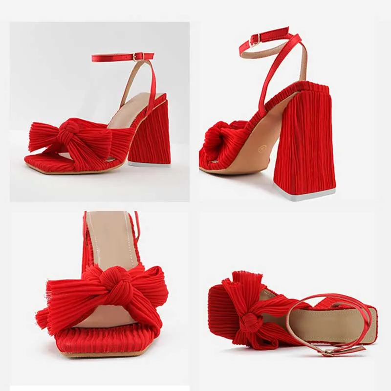 Elegant Satin 4.1" High Heel Sandals Bow Square Heel