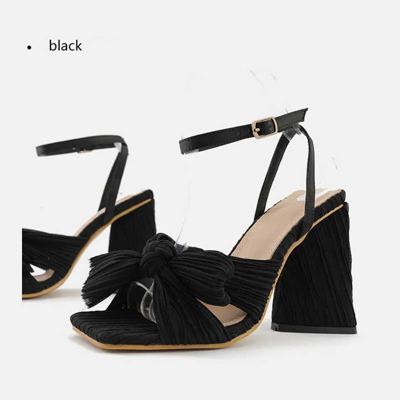 Elegant Satin 4.1" High Heel Sandals Bow Square Heel