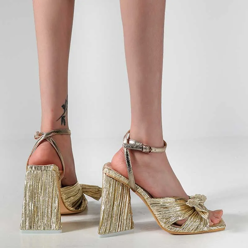 Elegant Satin 4.1" High Heel Sandals Bow Square Heel