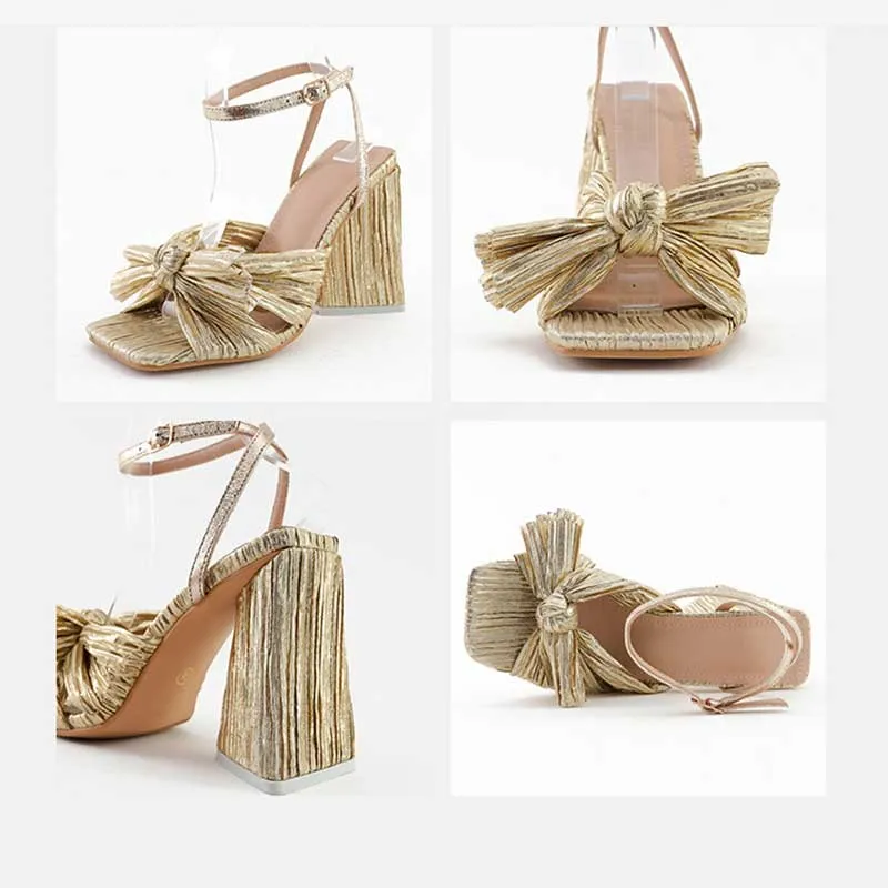 Elegant Satin 4.1" High Heel Sandals Bow Square Heel