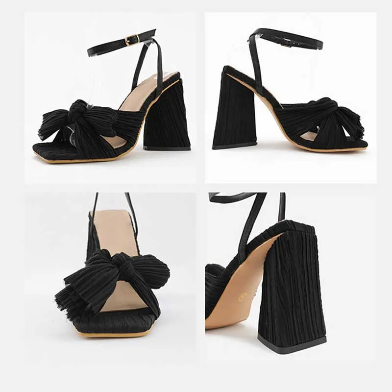 Elegant Satin 4.1" High Heel Sandals Bow Square Heel