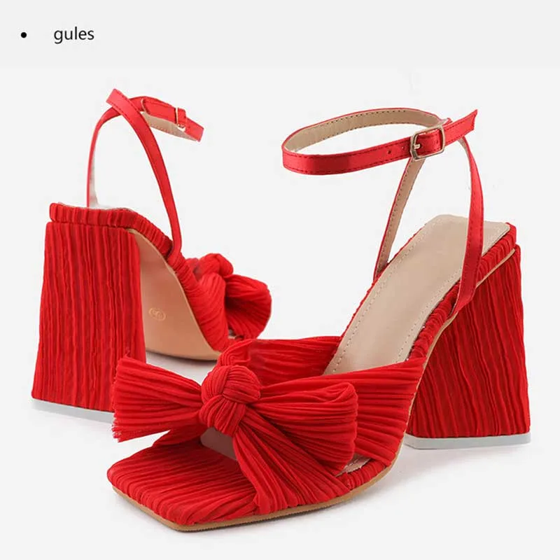 Elegant Satin 4.1" High Heel Sandals Bow Square Heel