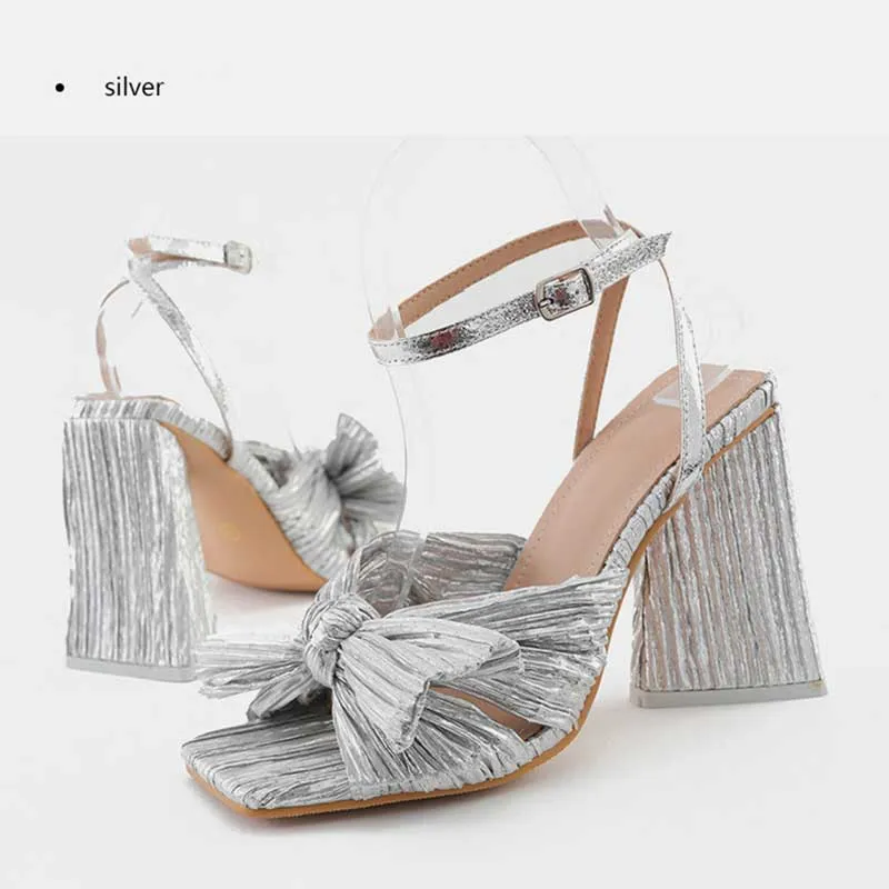 Elegant Satin 4.1" High Heel Sandals Bow Square Heel