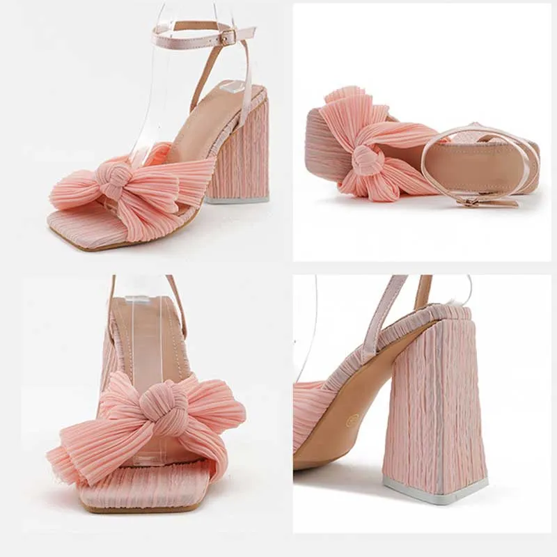 Elegant Satin 4.1" High Heel Sandals Bow Square Heel