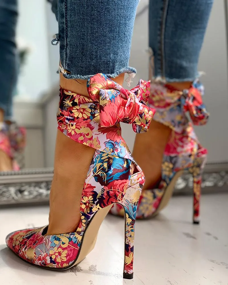 Floral Print Tied Ankle Thin Heels