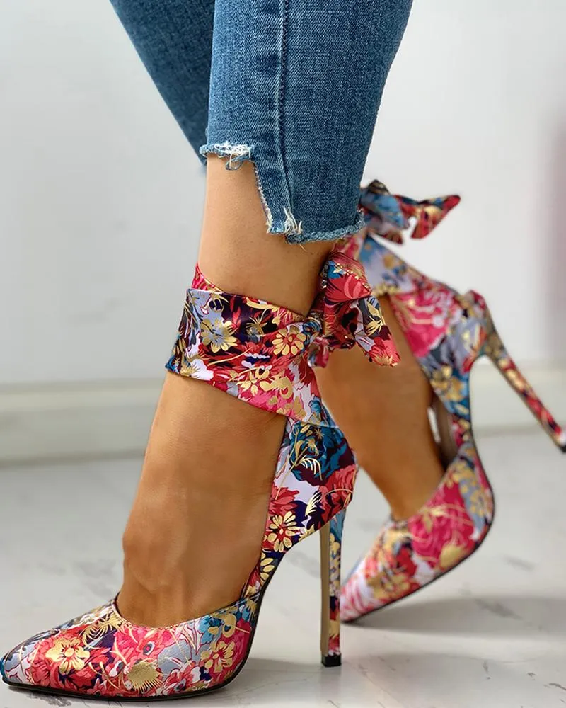 Floral Print Tied Ankle Thin Heels