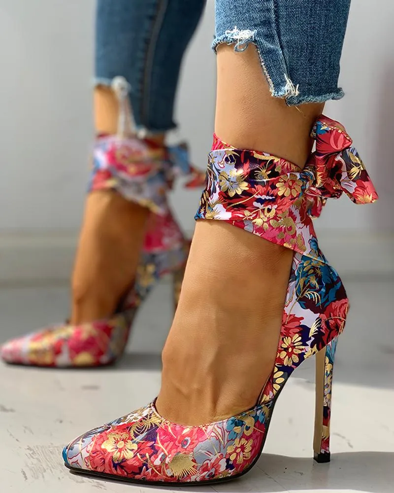 Floral Print Tied Ankle Thin Heels
