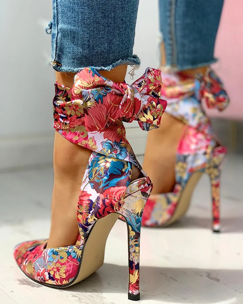 Floral Print Tied Ankle Thin Heels