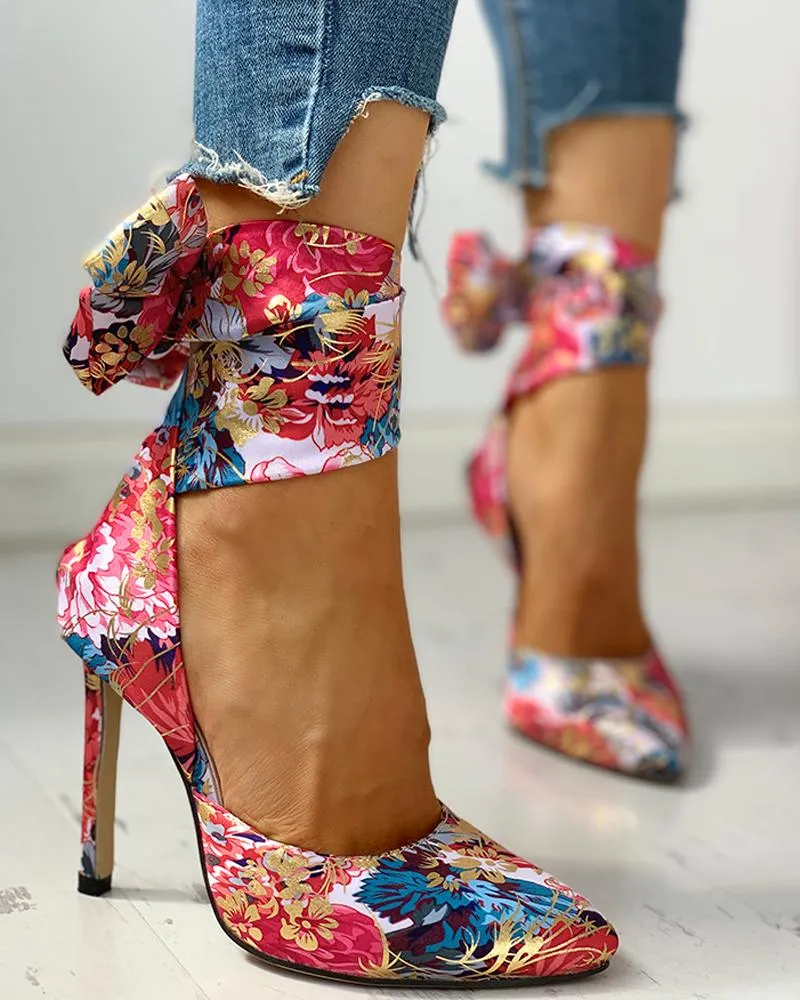 Floral Print Tied Ankle Thin Heels