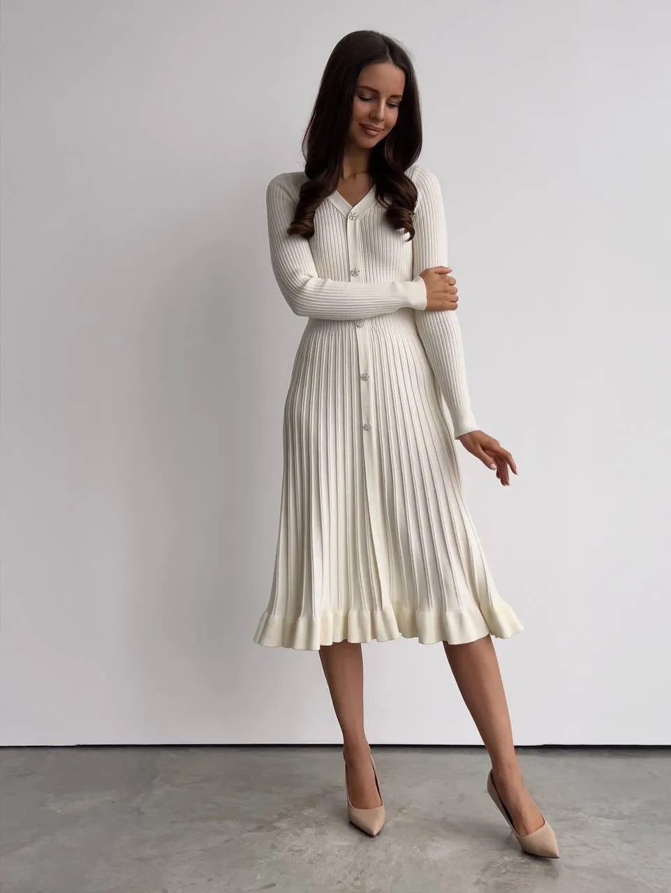 Ivory Ribbed Knit Midi Dress with Crystal Buttons