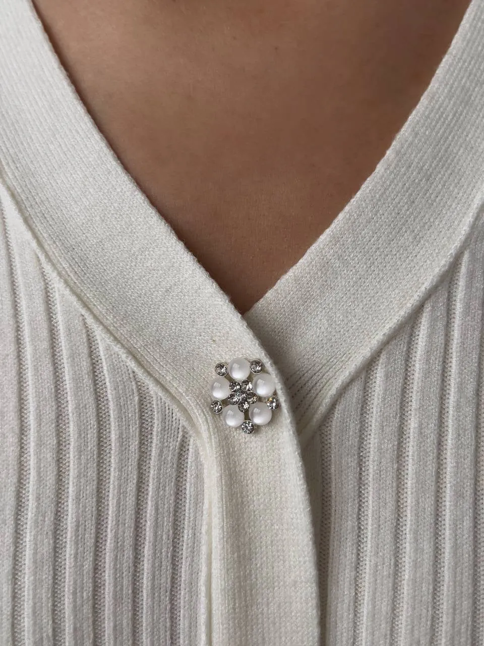 Ivory Ribbed Knit Midi Dress with Crystal Buttons