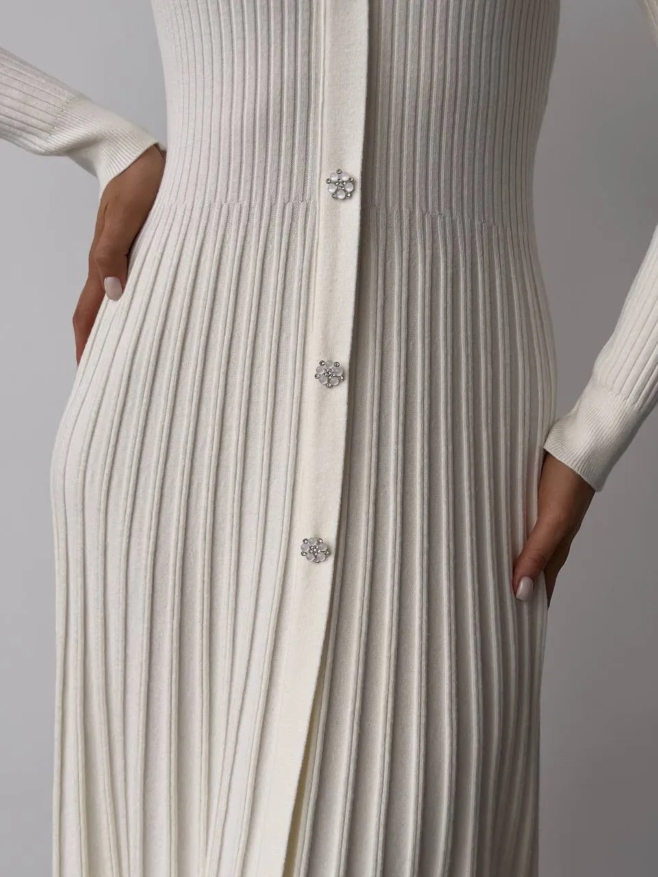Ivory Ribbed Knit Midi Dress with Crystal Buttons