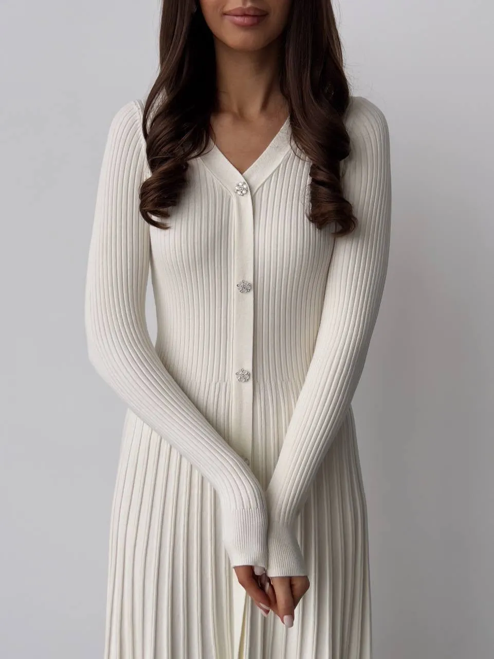 Ivory Ribbed Knit Midi Dress with Crystal Buttons
