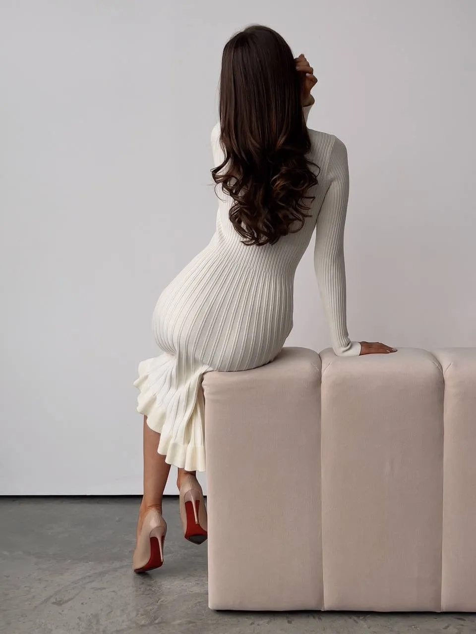Ivory Ribbed Knit Midi Dress with Crystal Buttons