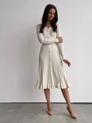 Ivory Ribbed Knit Midi Dress with Crystal Buttons