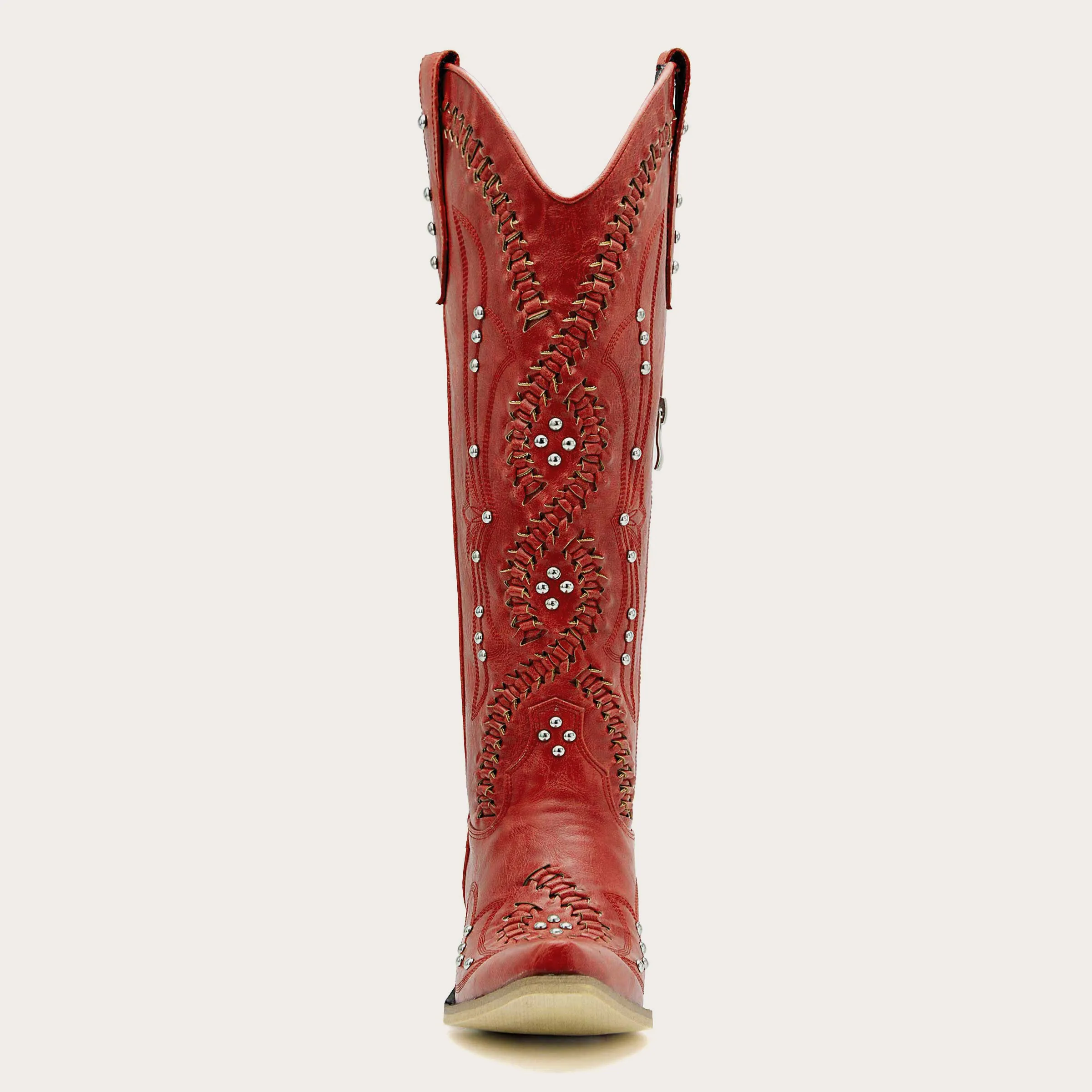 Kitty - Snip Toe Red Women Cowgirl Boots with Cutout Woven Rhinestone