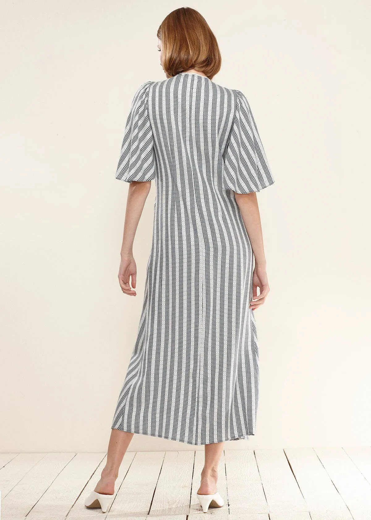 Lace Trim Tie Front Maxi Dress in Ditsy Gingham