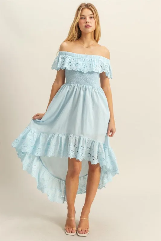 Light Blue Eyelet Ruffle High-Low Off-Shoulder Dress