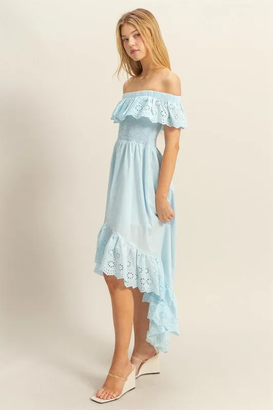 Light Blue Eyelet Ruffle High-Low Off-Shoulder Dress