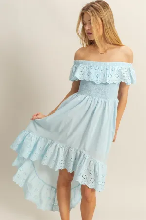 Light Blue Eyelet Ruffle High-Low Off-Shoulder Dress