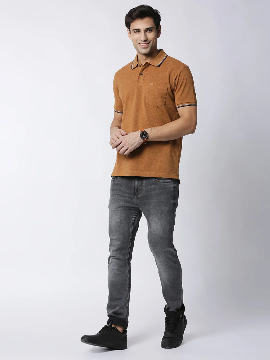 Light Brown Melange Half Sleeves Pique Polo With Pocket
