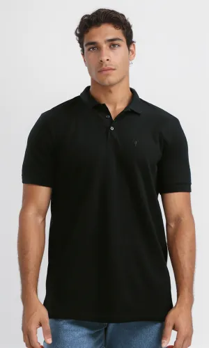 O192570 Regular Fit Black Solid Buttoned Polo Shirt