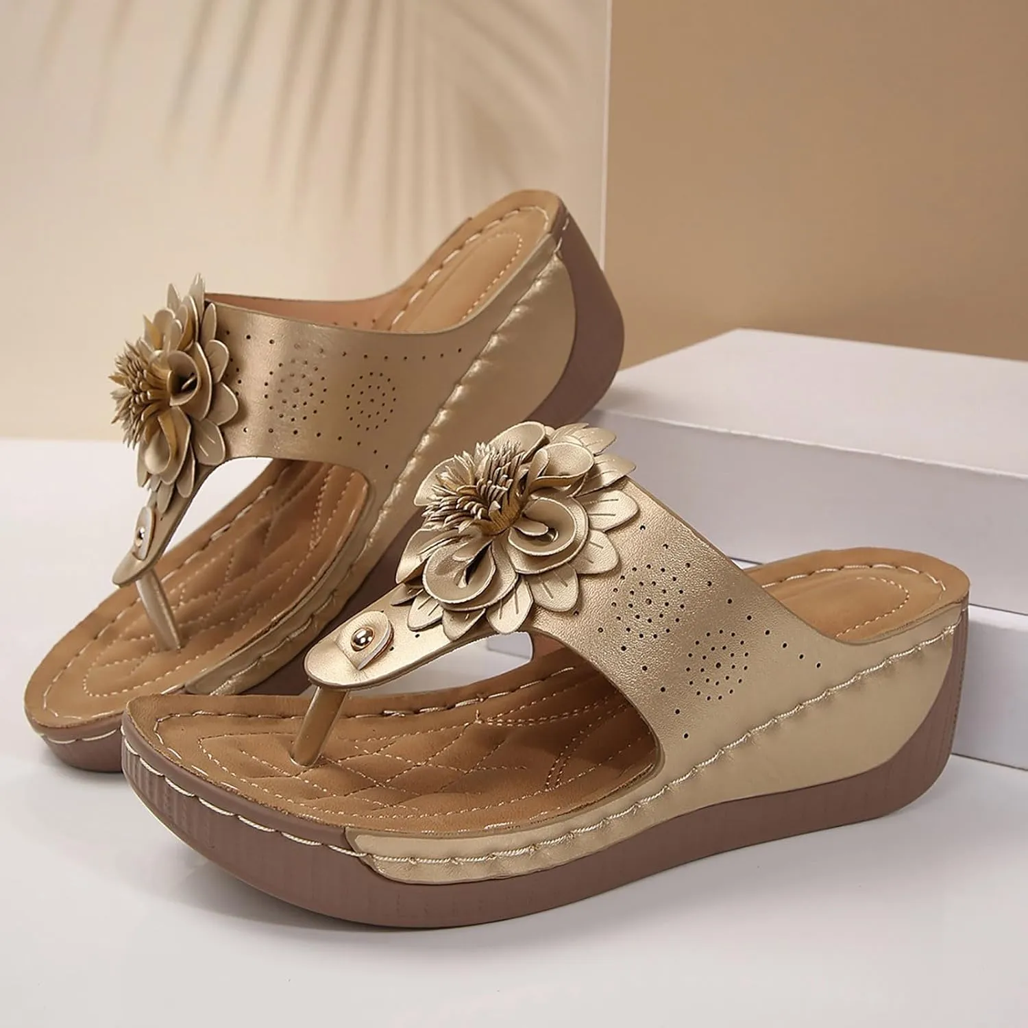 Orthopedic Wedge Sandals for Women Dressy 2025 Flower Summer Dressy Flat Open Toe Platform Sandals Bohemian Wide Width Slip On Beach Vacation Travel Working Shoes with Arch Support