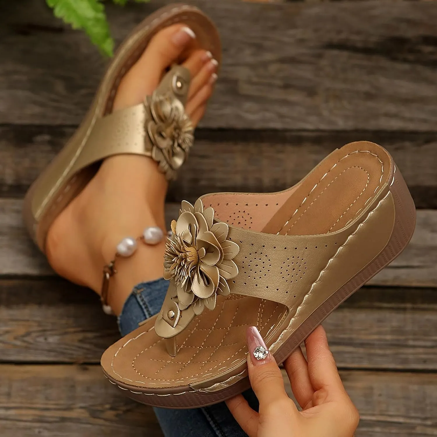 Orthopedic Wedge Sandals for Women Dressy 2025 Flower Summer Dressy Flat Open Toe Platform Sandals Bohemian Wide Width Slip On Beach Vacation Travel Working Shoes with Arch Support