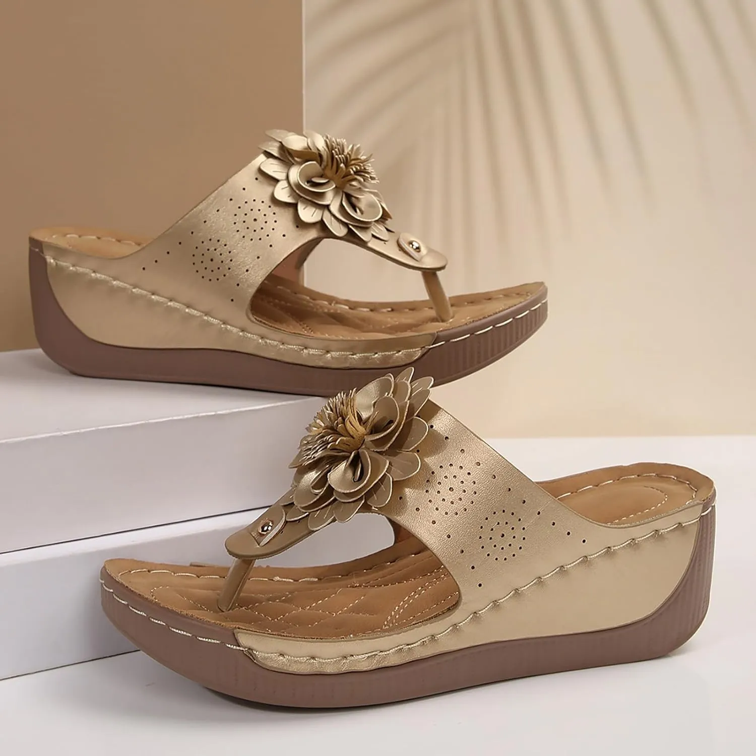 Orthopedic Wedge Sandals for Women Dressy 2025 Flower Summer Dressy Flat Open Toe Platform Sandals Bohemian Wide Width Slip On Beach Vacation Travel Working Shoes with Arch Support