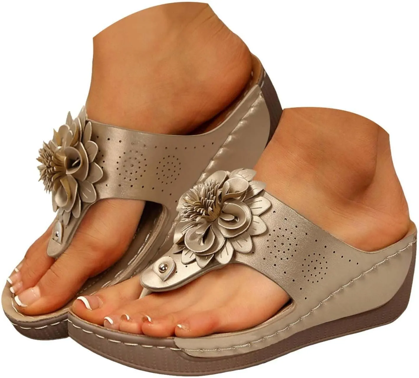 Orthopedic Wedge Sandals for Women Dressy 2025 Flower Summer Dressy Flat Open Toe Platform Sandals Bohemian Wide Width Slip On Beach Vacation Travel Working Shoes with Arch Support