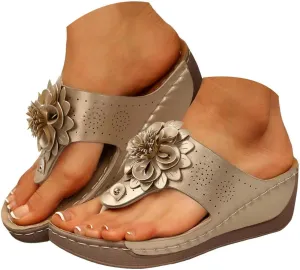 Orthopedic Wedge Sandals for Women Dressy 2025 Flower Summer Dressy Flat Open Toe Platform Sandals Bohemian Wide Width Slip On Beach Vacation Travel Working Shoes with Arch Support
