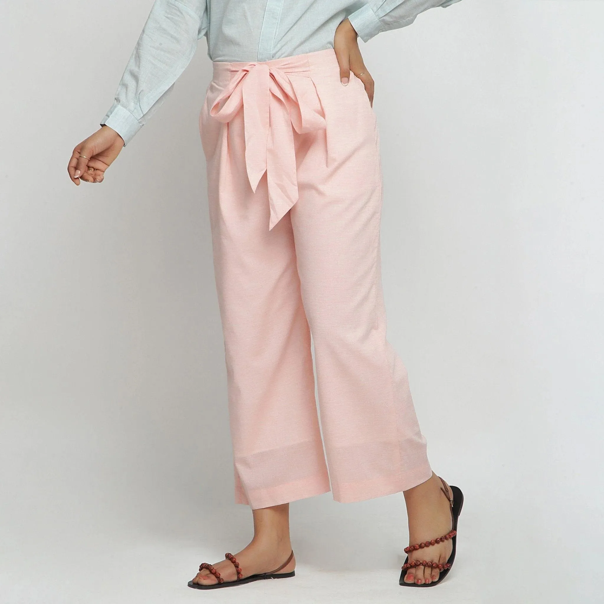 Peach Mid-Rise Yarn Dyed Cotton Flared Pant