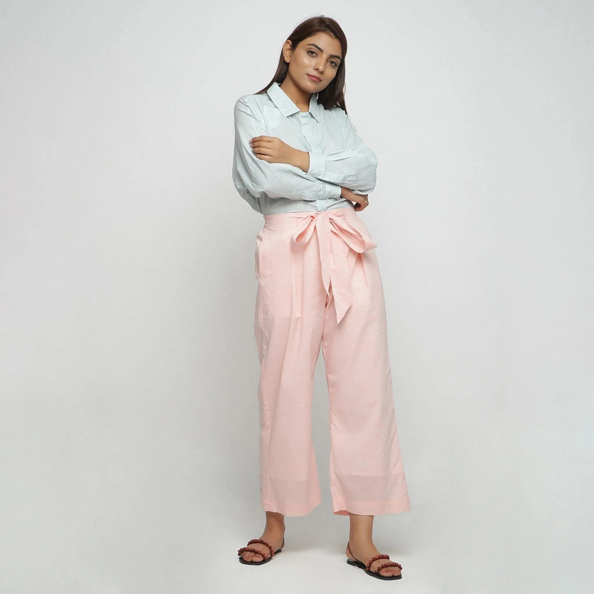 Peach Mid-Rise Yarn Dyed Cotton Flared Pant