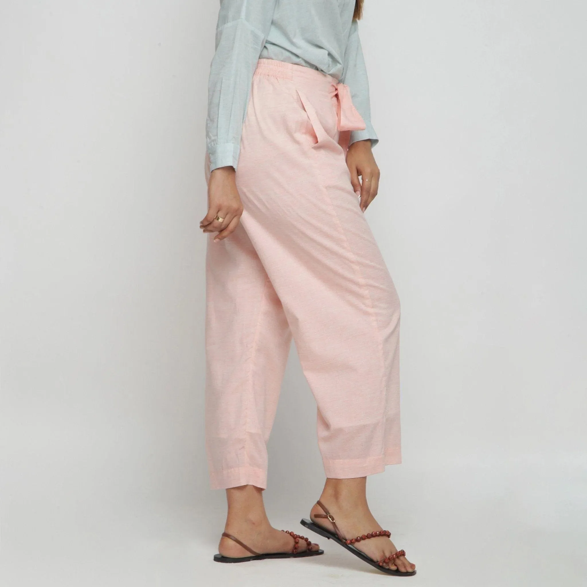 Peach Mid-Rise Yarn Dyed Cotton Flared Pant