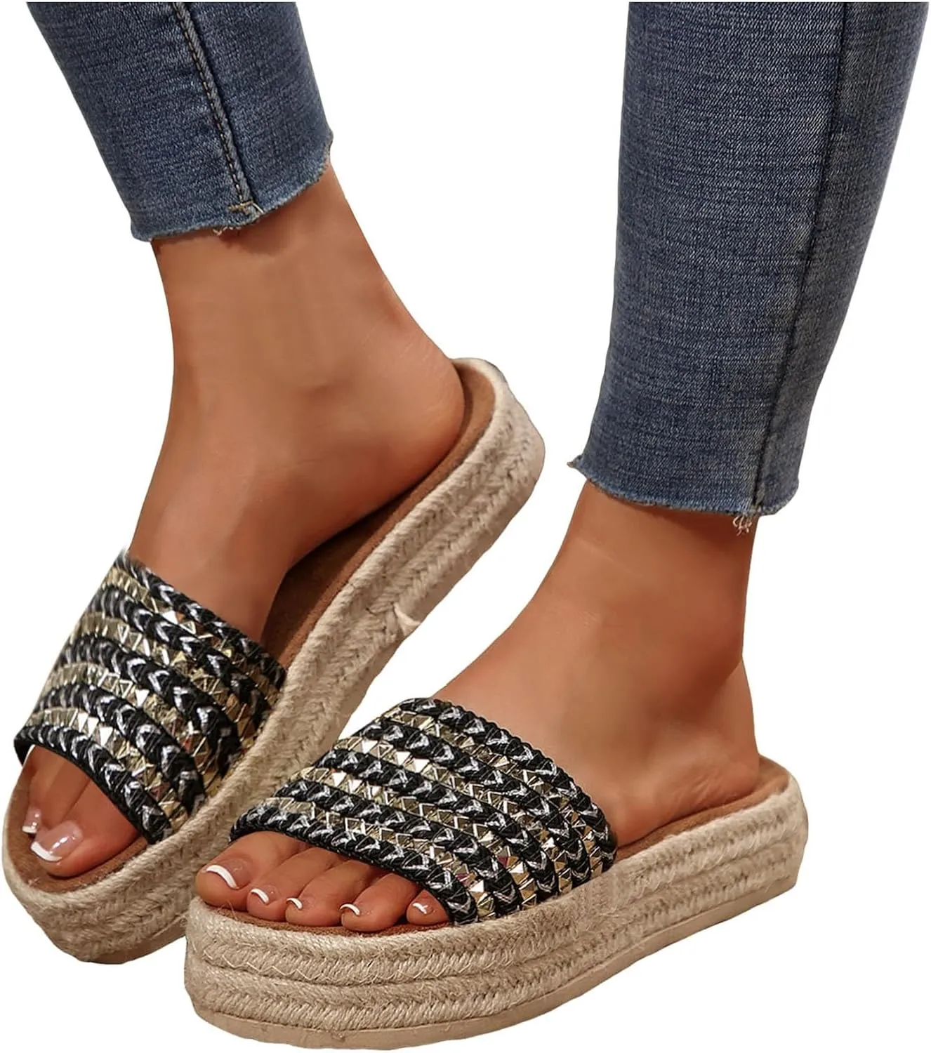 Platform Slip on Espadrille Sandals for Women,Wedge Espadrilles Bohemia Open Toe Comfort Non Slip Summer Casual Straw Woven Sandals Thick Sole Colorful Slingback Beach Vacation Walking Fashion Slipper